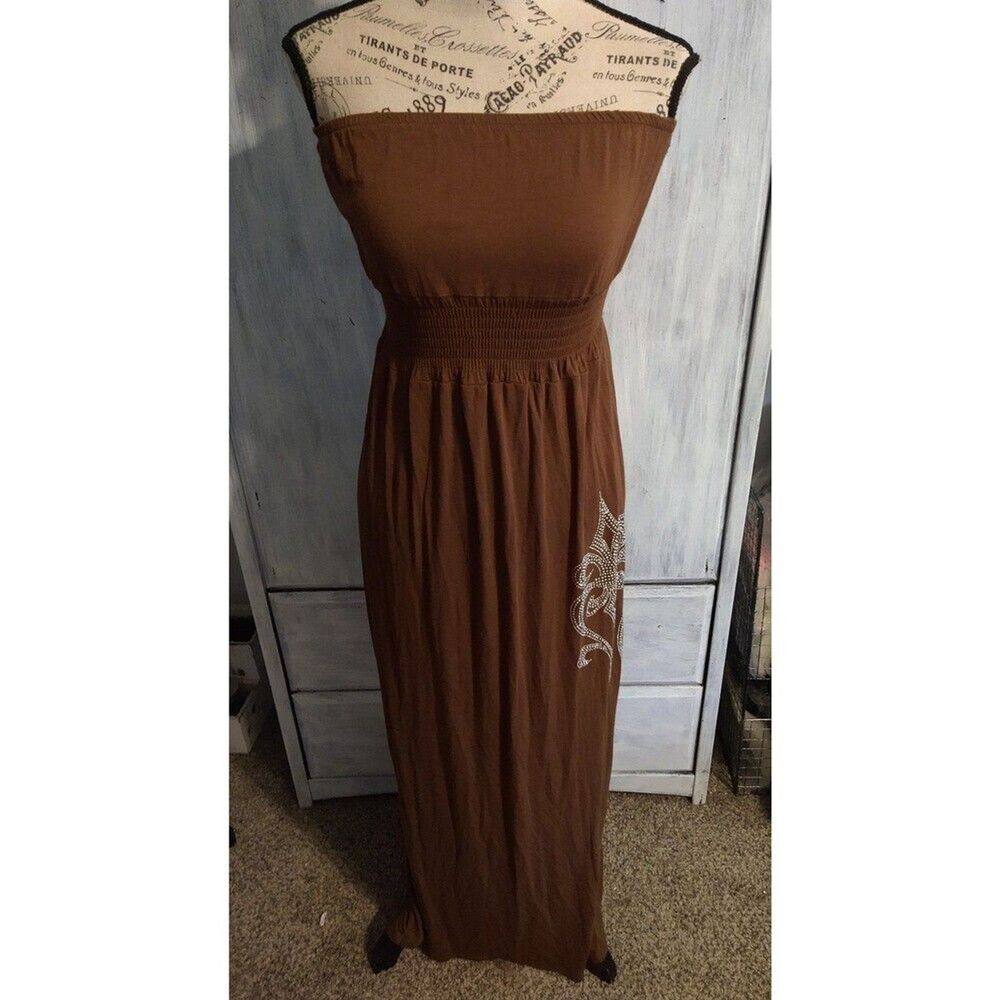 Sun kissed la fleur design Maxi strapless Dress xl brown bling Vintage Y2k